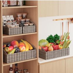 Rattan Storage Baskets, Handwoven Wicker Storage Bins with Built-in Handles