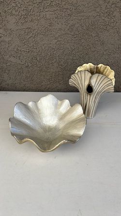 Beautiful metal, lotus leaf bowl and ginkgo leaf vase