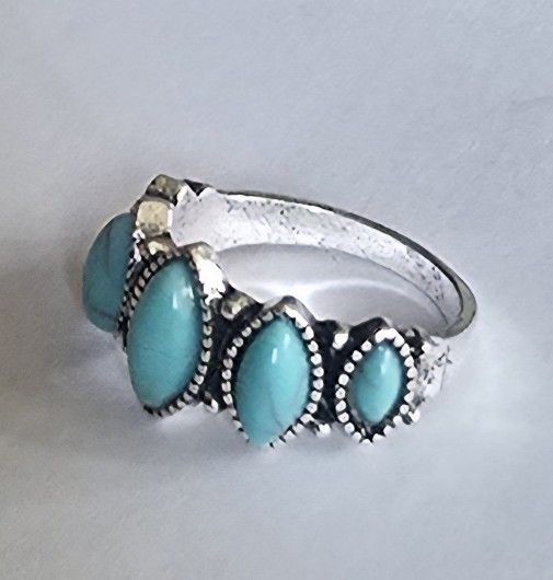 NATURAL TURQUOISE MULTI STONE BEZEL SET QUALITY TITANIUM SILVER NEW SIZE 7 RING