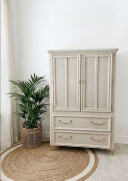 Vintage Stanley Beige Tan Faux Linen Finish Wood Highboy Wardrobe Dresser - Chest of Drawers