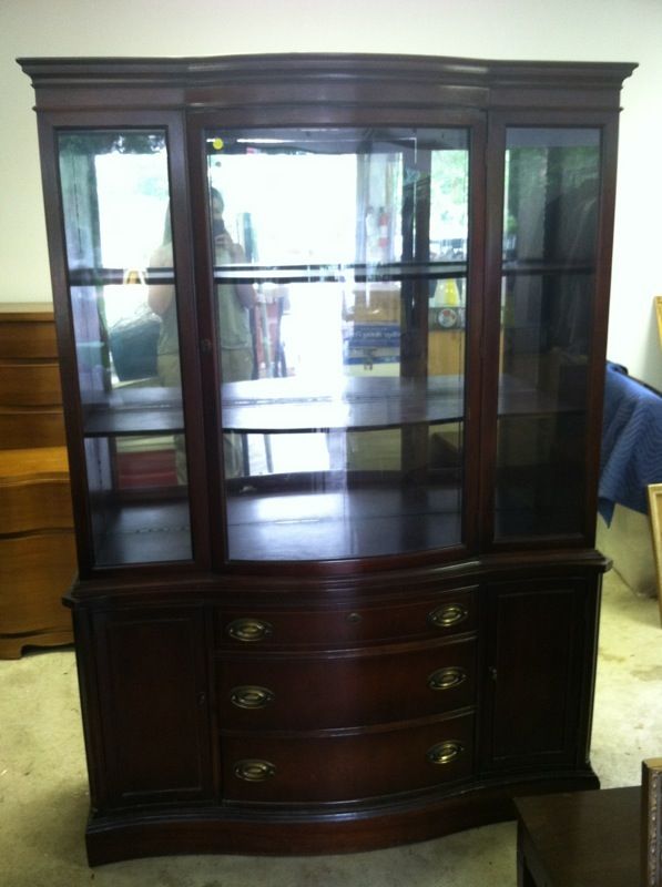 Vintage Antique Bassett Furniture China Cabinet With Curved Glass