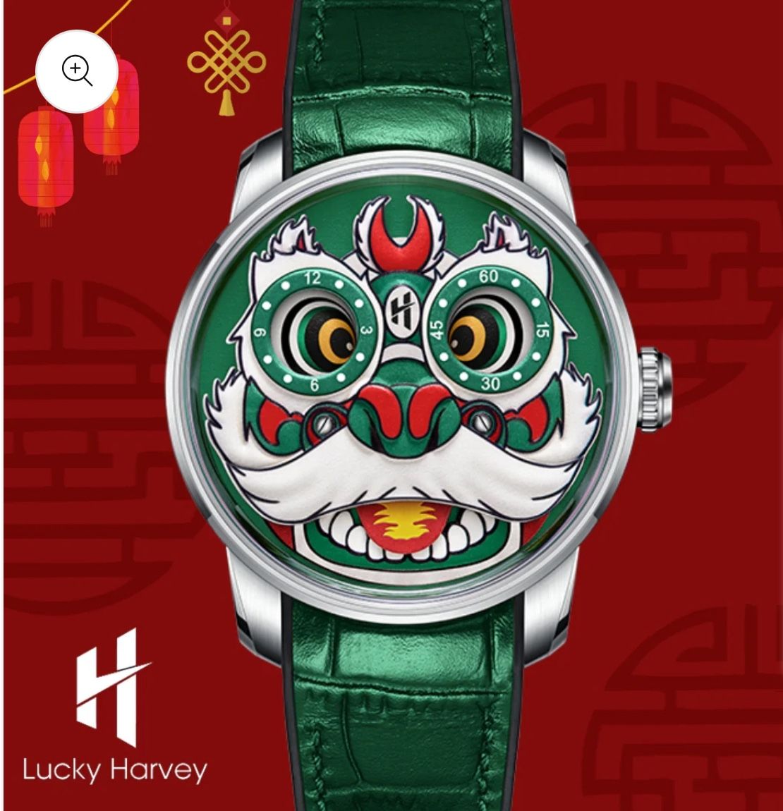 Green Lion Dance Moving Eye Automatic LH001 Movement Luminous Watch For Men Lucky Harvey
