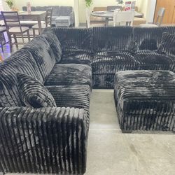 Black Sectional Sofa With Ottoman - Soft Corduroy Fabric