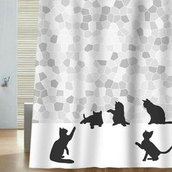 Black Cat Silhouette and Gray Mosaic Fabric Shower Curtain