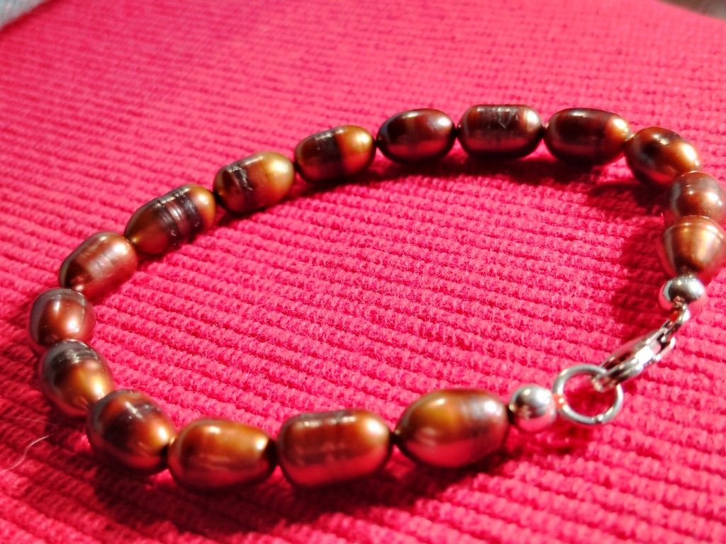 📌 FREE SHIPPING, THIS IS A FIERY 7.5 INCH LONG, STERLING,  GOLDEN BROWN, OVAL 7X9 MM LARGE, GORGEOUS AND NATURAL, SALTWATER PEARL BRACELET.