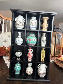Chinese Porcelain Miniature Vase Collection with Display Shelf