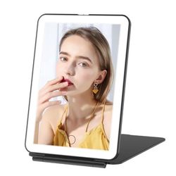 Rechargeable Travel Makeup Mirror with 72 Led Lights, Portable Lighted Beauty Mirror, 3 Color Lighting, Dimmable Touch Screen, Tabletop LED Folding Co
