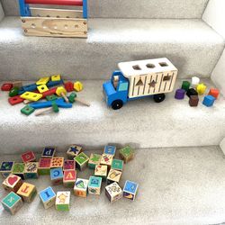 Wooden Baby Toys. Walker, Shaper Truck, Tools With Carrying Case, Large Building Blocks ($45 For All)
