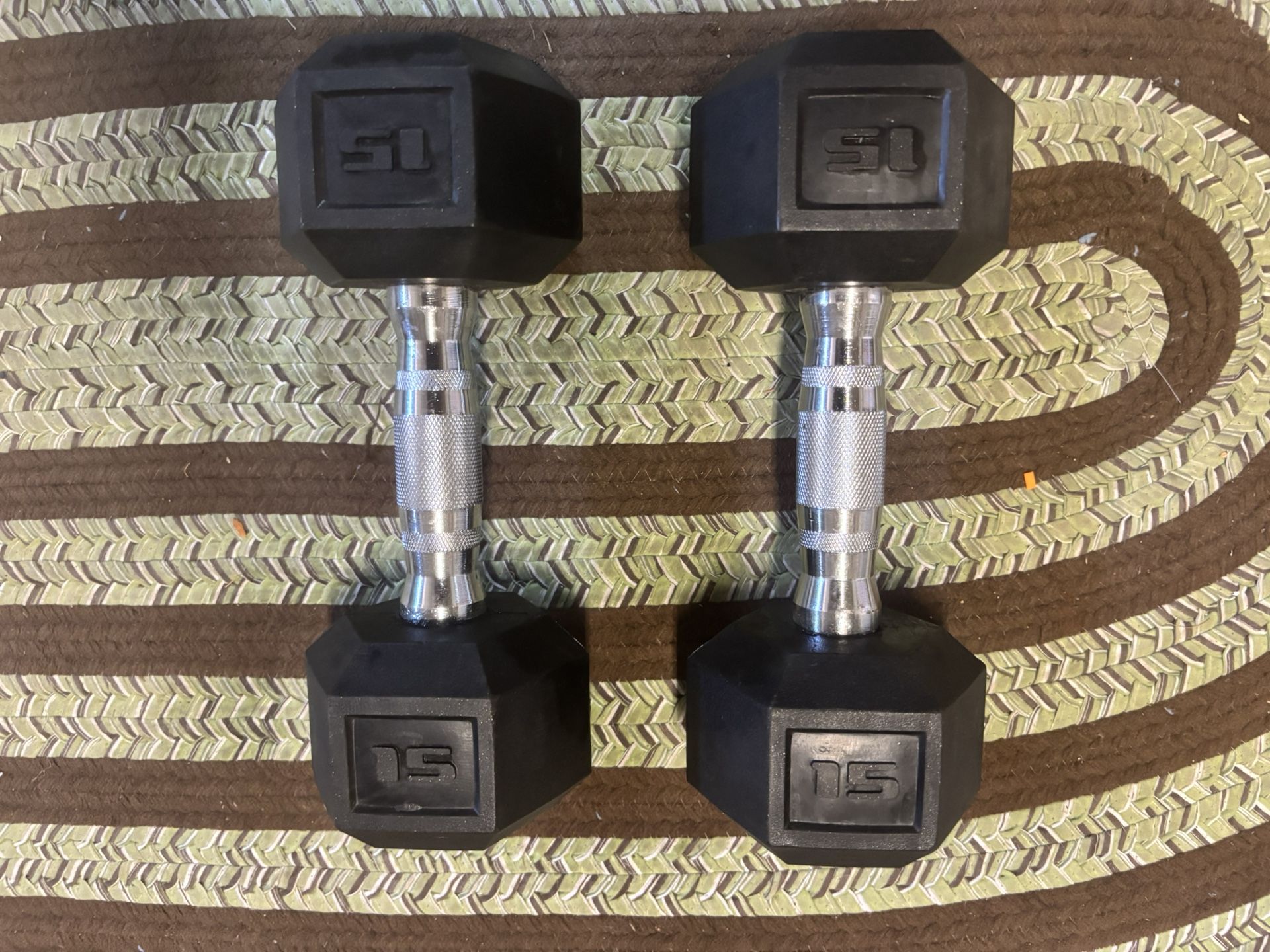 2-Brand New 15lb. Coated Hex Head Dumbells