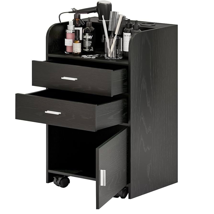 E146 $50 Salon Station for Hair Stylist, Black Salon Station Storage Cabinet with Wheels, Salon Table with 2 Drawers, Stylist Storage Cabinet, Rollin