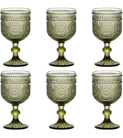 Set of 6 Green Embossed Glass Goblets