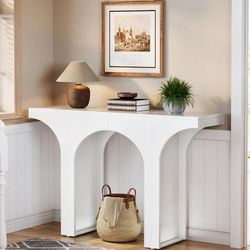 Finmind 47" Modern Hallway Console Table, Arch Base, Wood Entryway Table, White
