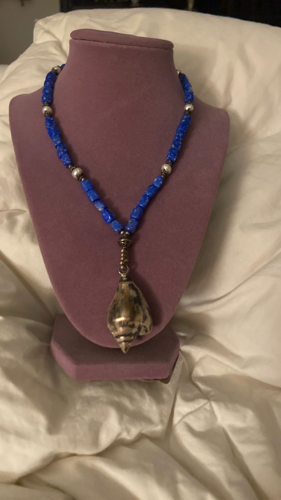 925 Mexico Sterling Lapis and Pearl Conch Shell Silver Pendant 16 inches plus 2
