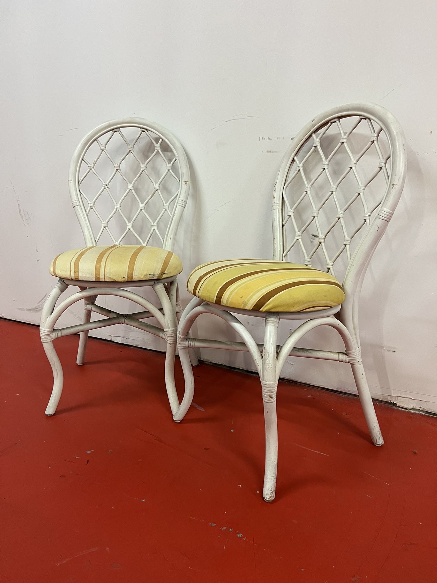 Vintage Pair Coastal White Rattan Chairs 