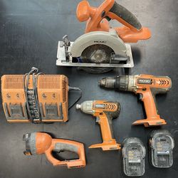 Ridgid Tools - Impact Driver, Drill, Work Light, Circular Saw, 2 Batteries + Charging Dock