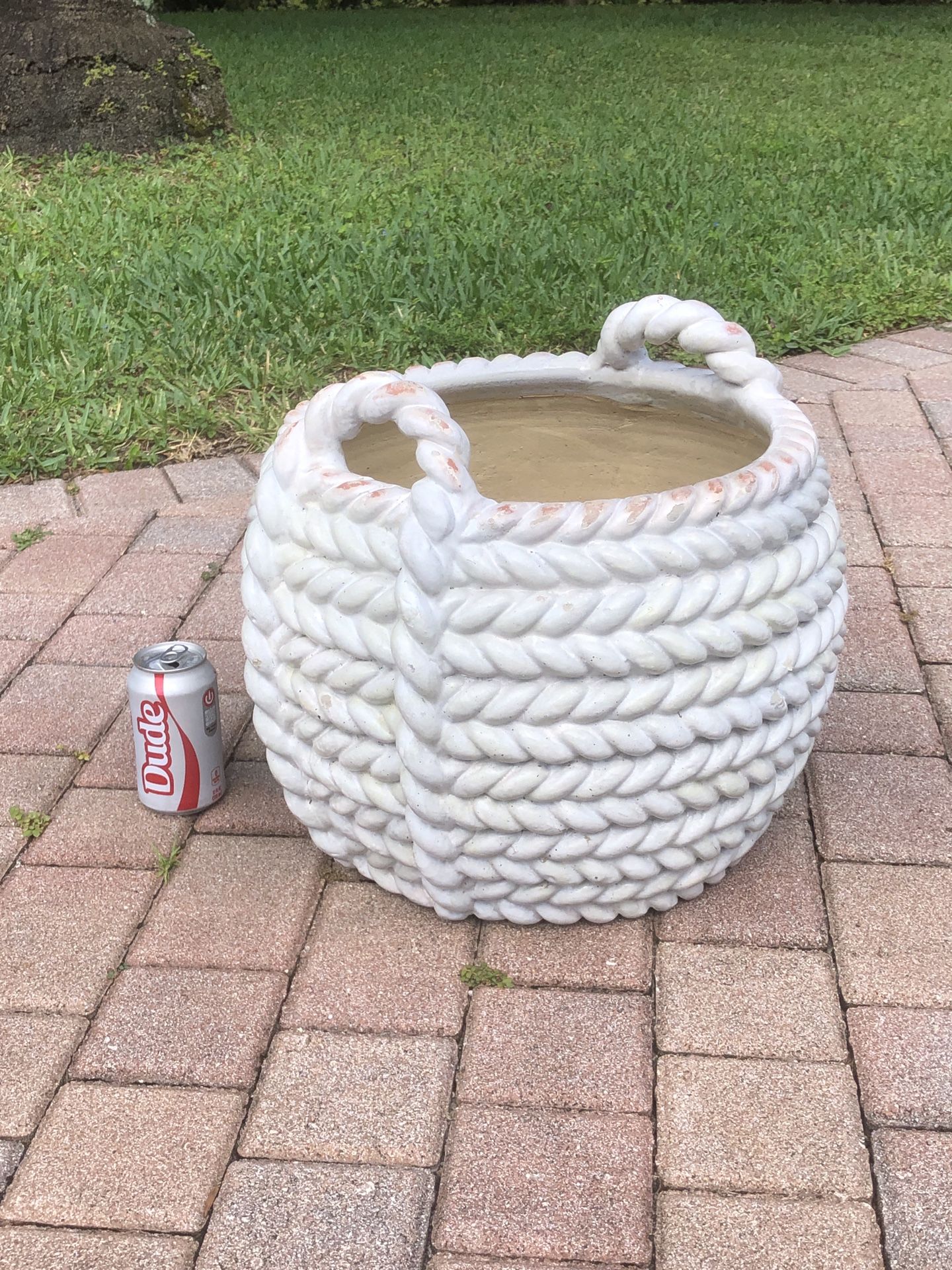 Large Clay Garden Pot Planter With Rope Design / Rope Handles / Glazed Gloss Paint