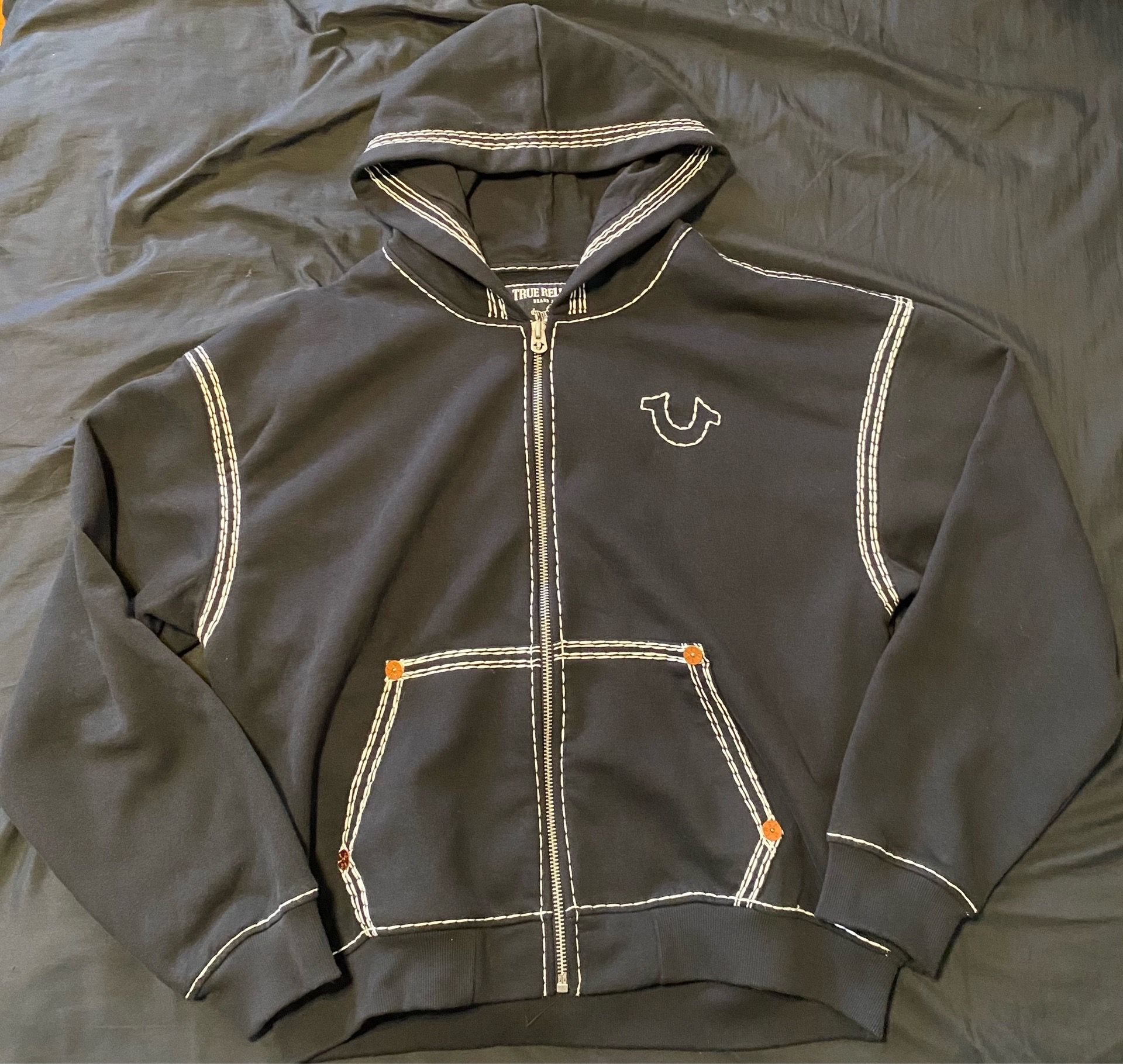 True Religion Men’s Black 2XL Full Zip Hooded Fleece Graphic Logo Hoodie