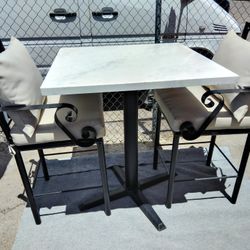 One Marble Top Bar Table And Two Still Bar Stools With Cushions. Table And Chairs Bar High.