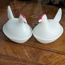 Two Vintage White Milk Glass Hens On Nests~$15 Each OR $25 For Both