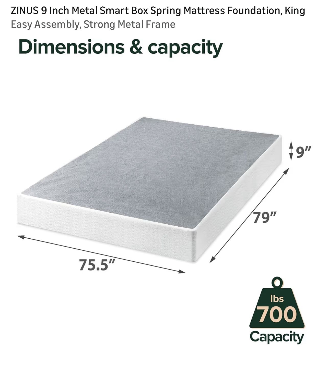 King ZINUS 9” Metal Smart Box Spring – Easy Assembly, Strong Frame