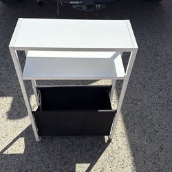 Narrow side table white slim end table with black fabric basket, skinny table for small spaces