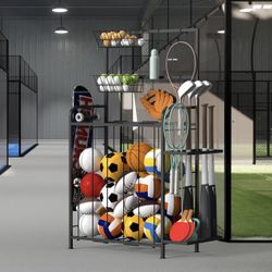 Garage Sports Equipment Organizer – Ball Storage Rack w/ Baskets & Hooks