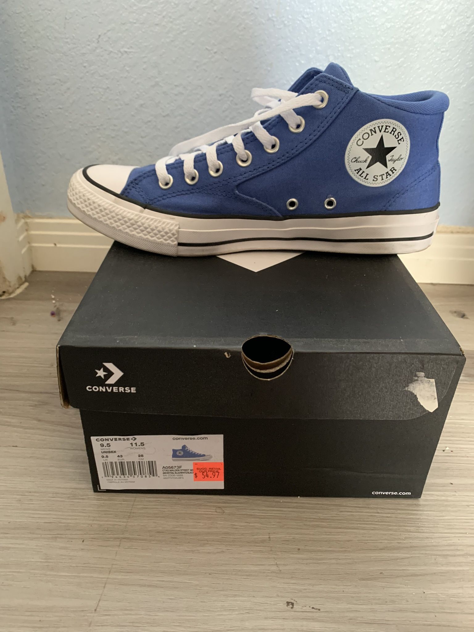 Blue and White Mid Top Converse