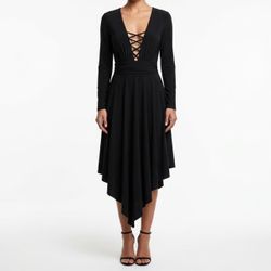 WEEKEND Whimsigoth Black Lace Up Front Long Sleeve Asymmetrical Hem Dress L