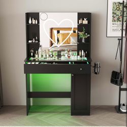 Vanity Black Desk with Mirror and Lights Heart Strip, RGB Led, Glass Top Bedroom Dresser with Rechargeable Outlet （Fcc） with Stool 