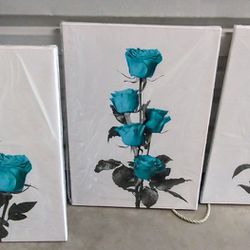 Unique 3pc Canvas Print Set. Dramatic Turquoise, Gray/Black Roses . 16"x 24" Per Section. New!