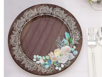 25-Pack Disposable Paper Round Charger Plates 13" Brown Rustic Wood Print with Floral Lace Rim - Paper Chargers for Rustic & Boho Themed Events