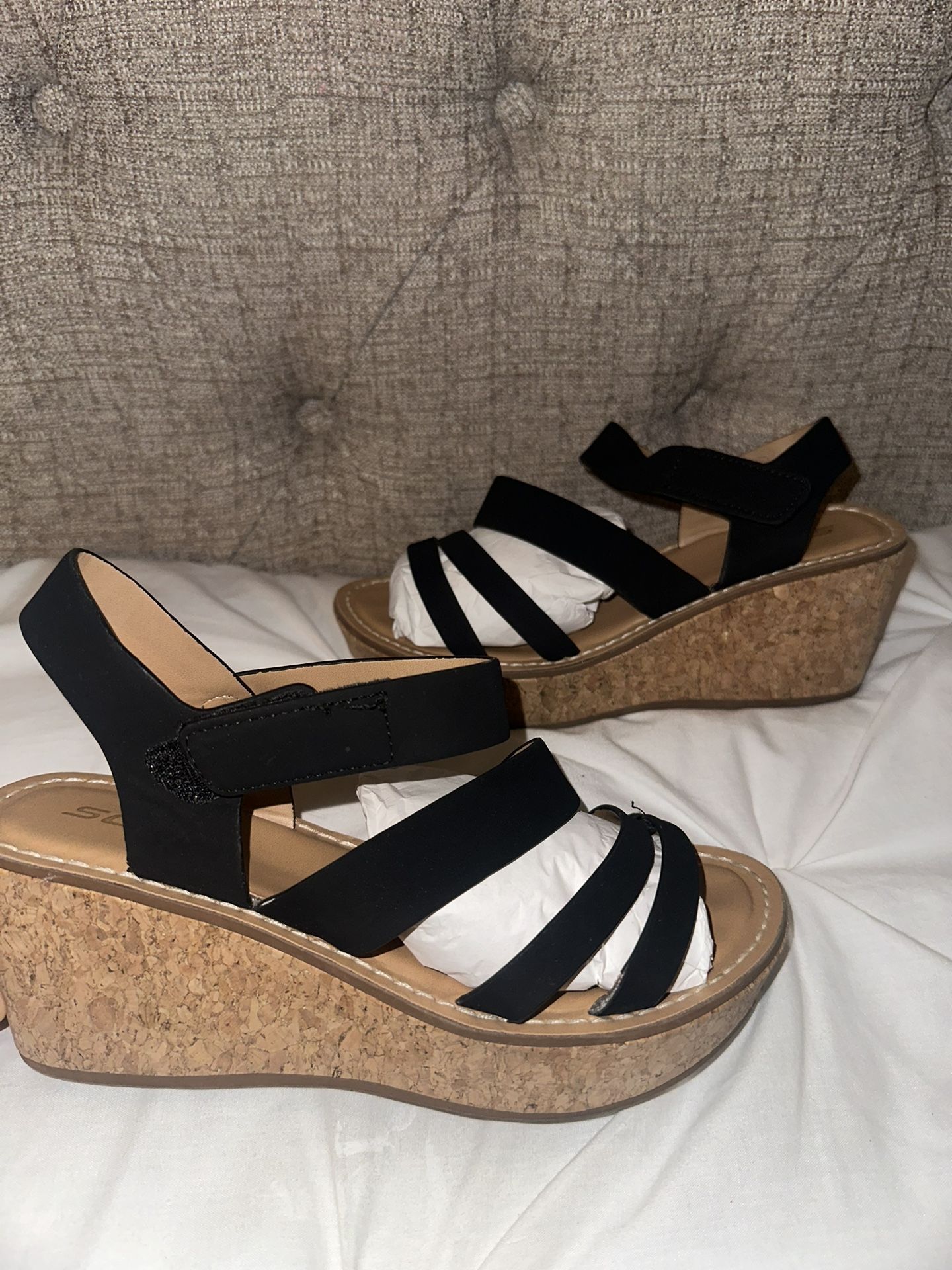 Black and Tan Wedge Sandals