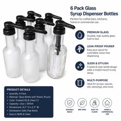 7-Pack Glass Syrup Dispenser Bottles with Black Pump Pourers – Frosted & Clear Glass Bottles for Syrups, Sauces, Oils & Dressings