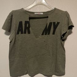 Kali Reve, Women’s Olive Green V Neck Choker Army Crop Top, Size L
