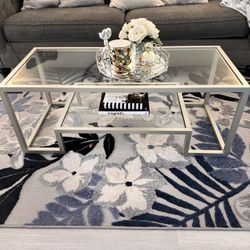 Modern Tempered Glass Coffee Table, 45” Wide Rectangle Center Tables w/ 2 Tier Storage Shelf, Metal Frame,, Small Rectangular Tier