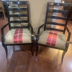 Beautiful Set Of Swarm Ladder back  Accent Chairs:42x24x18 “ Black Wood Gold & Red Stripe Cushion Seat. Great Condition 