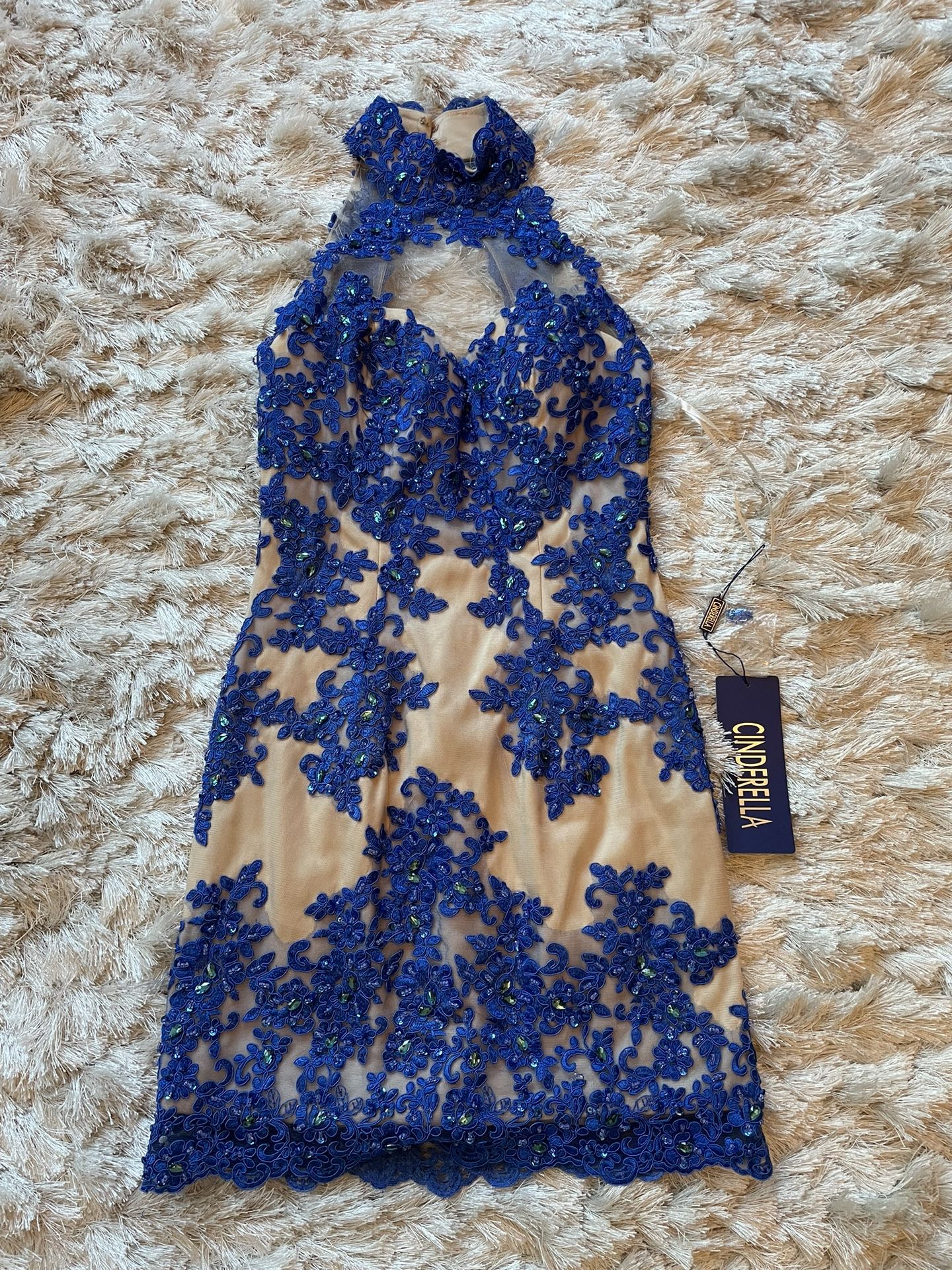 Elegant nude mesh dress, royal blue lace and sequins, perfect for formal  events Dresses