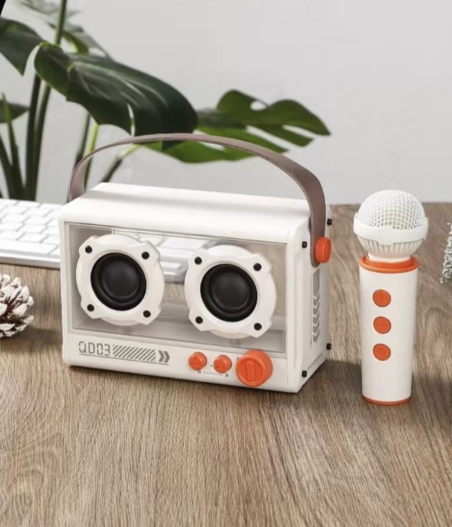 Punk Style Portable Bluetooth Speaker Karaoke Speaker System with Wireless Microphone and Dual Speakers (White)