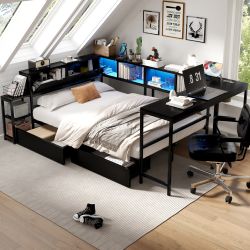 Varda Full Size Corner Daybed with Drawers, LED Bookcases and USB Charging Station