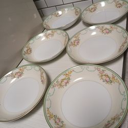 6 vintage meito China coupe soup bowls garden pattern