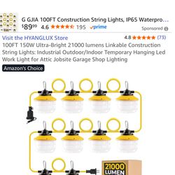 100FT 150W Ultra-Bright 21000 lumens Linkable Construction String Lights: Industrial Outdoor/Indoor Temporary Hanging Led Work Light for Attic Jobsite