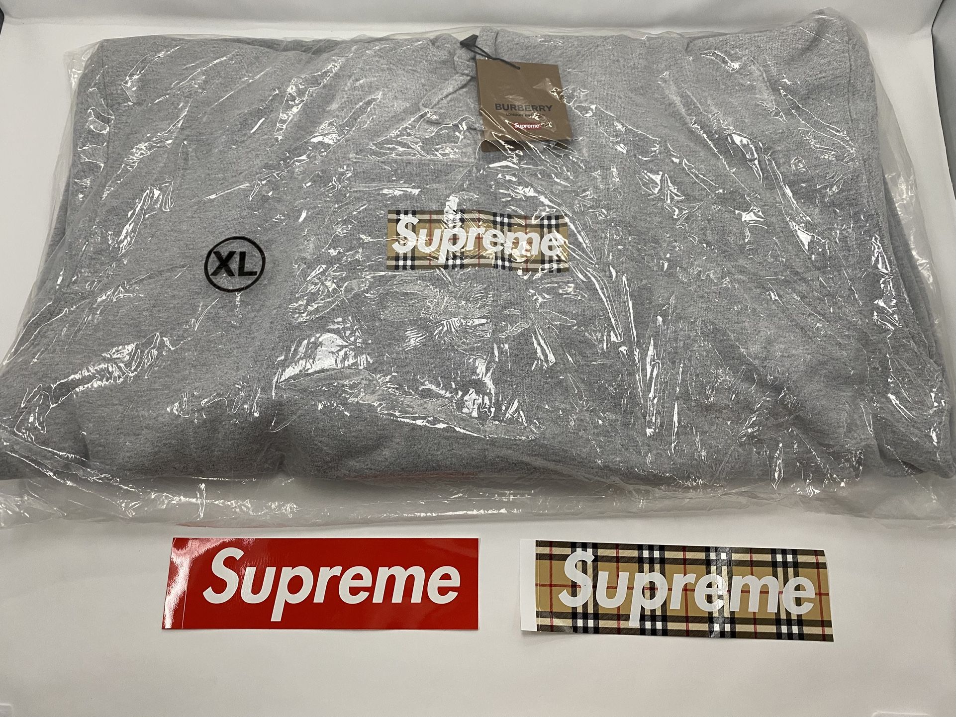 Supreme Burberry Box Logo Hooded Sweatshirt Heather Grey Size XL Extra Large SS22