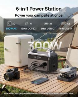300W Portable Power Station,  600W Surge, 2H Fast Charging Power Bank w/ 2 AC Outlets, PD 60W, LED Light for Camping, Hom