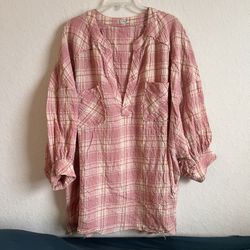 Free People Intimately Pink Plaid Oversized Shirt Size L