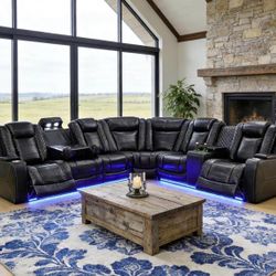 Brand New Power Electric Black Leather Fully Reclining Couch Set