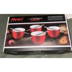 Parini Cookware CERAMIC RICE BOWLS w/ chopsticks Set of 4 RED Color ~ New In Box