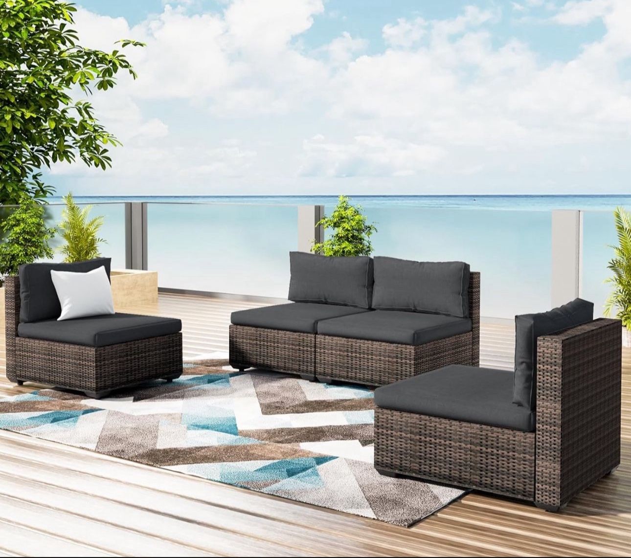 Grezone 4 Pieces Patio Furniture Set, All Weather Outdoor Sectional PE Rattan, Patio Conversation Sets