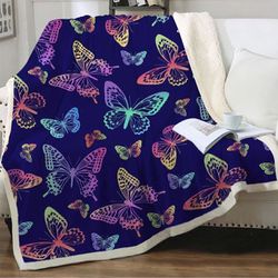 Sleepwish Butterfly Blanket for Twin Bed Purple Sherpa Throw Plush Blanket Super Soft Reversible Luxurious Thick Fleece Blanket Rainbow Butterflies Bl