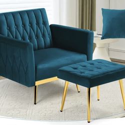 Teal/Gold Velvet Accent Chair with Adjustable Armrests & Backrest, and Footstool NEW