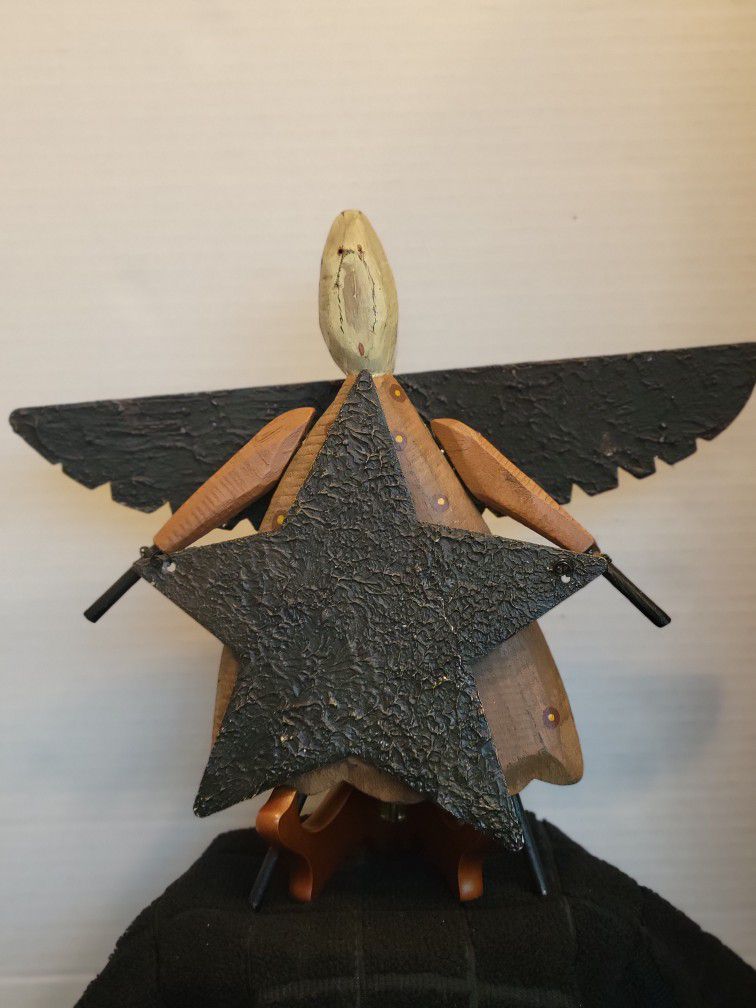 Primitive Dan DePaolo Wood & Tin Angel Sculpture w/ Star 10" Tall